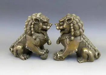 

China Feng Shui Brass copper town house Foo Dogs Lion Pair Sculpture Statue