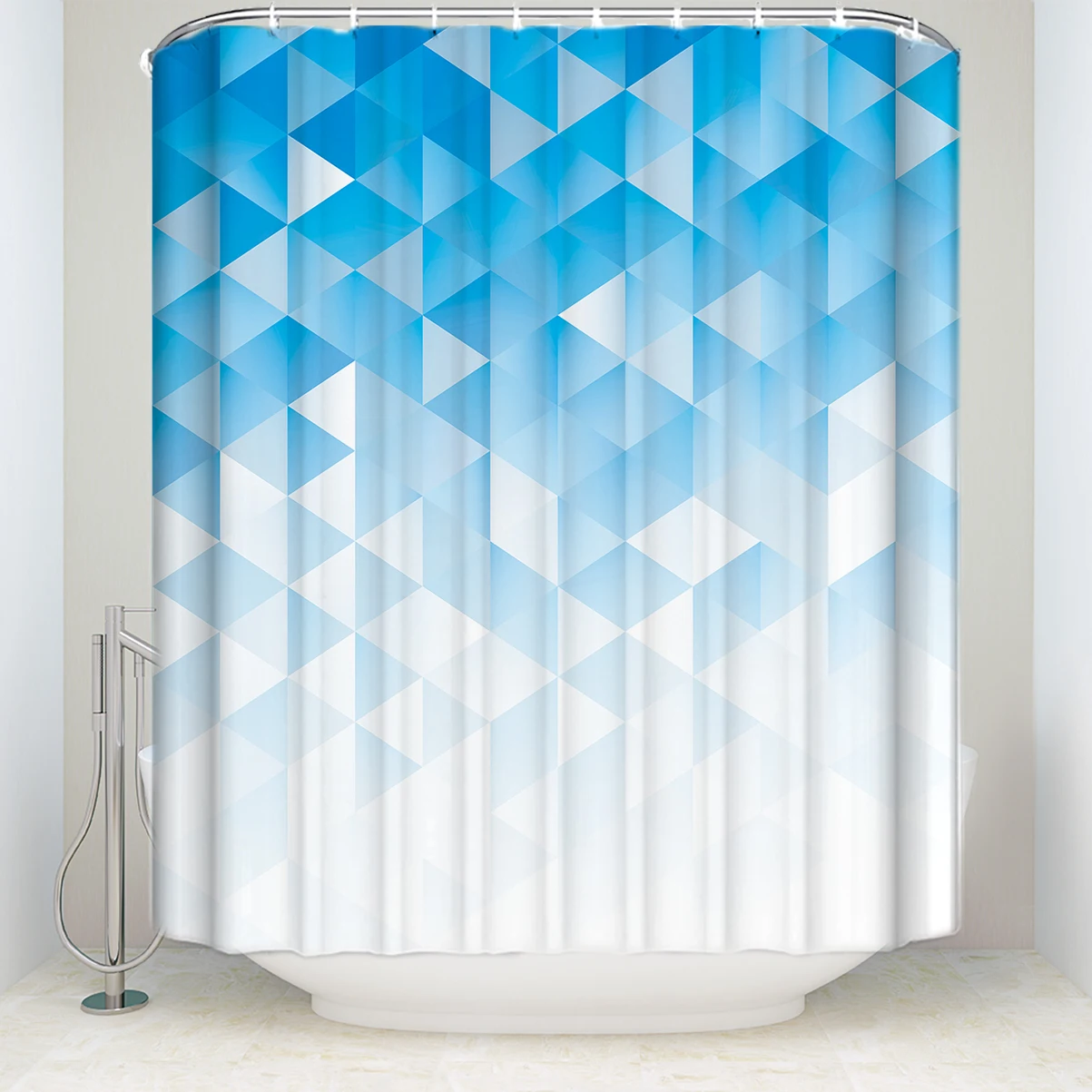 

New Arrival Waterproof Geometric Triangles Shower Curtain Polyester Fabric Blue Bathroom Curtains for Home Decorations