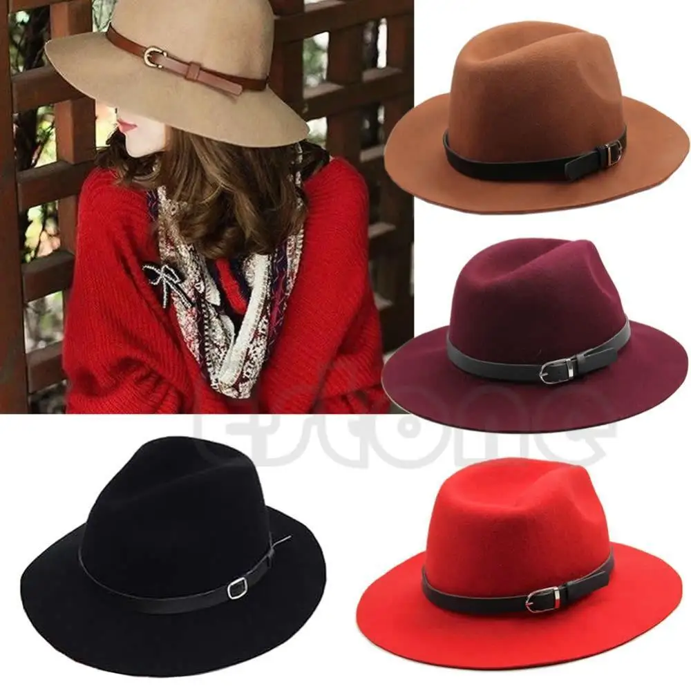 

Fashion Design Women Warm Winter Wool Belt Fedora Cap Wide Brim Cowboy Hat New