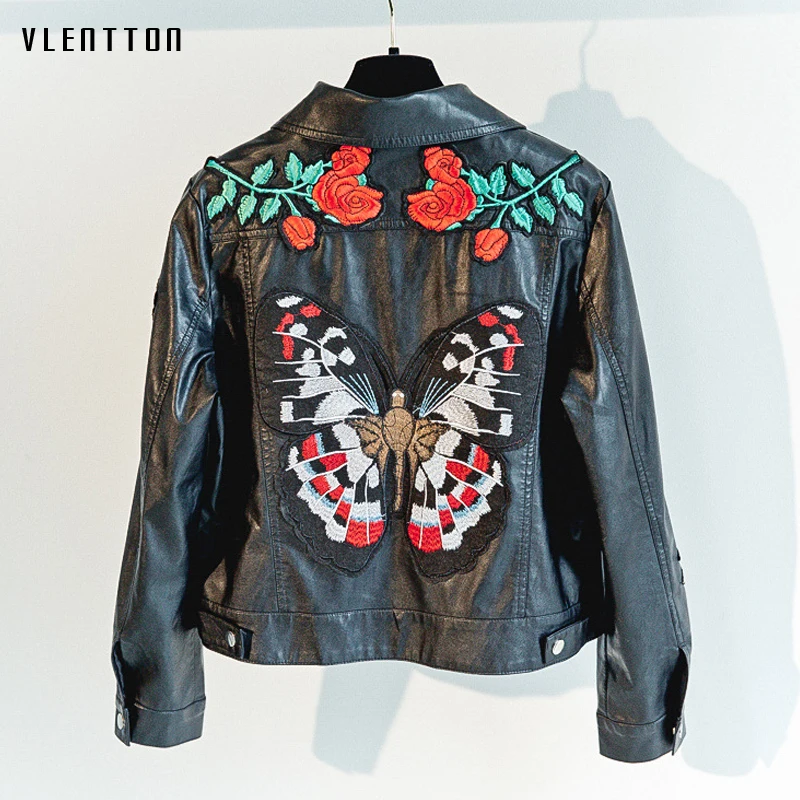 

New Embroidery Pu Leather Jacket Women Slim Black Biker Jackets Coat Short Faux Leather Jacket Female Outerwear Jaqueta De Couro