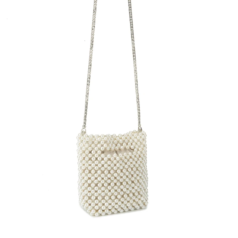

Brand designer pearl handbag handmade beaded bag pearl white highlights beige metal chain smile face open dinner wedding bag