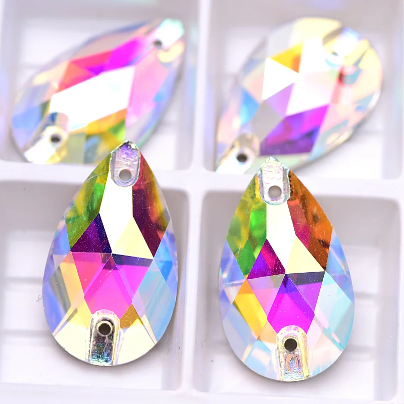 

High-Quality AAAA Teardrop Glass Crystal AB Sew On Rhinestones Glitter Stones Flatback Sewing Rhinestone For Wedding Dress B3378