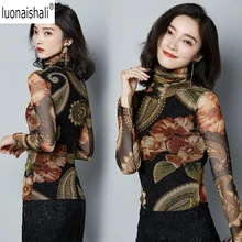 Яркий топ с цветочным принтом женская сексуальная сетка Весна Зима Джемпер blusas рубашка женская элегантная тонкая водолазка blusas Топ тройники