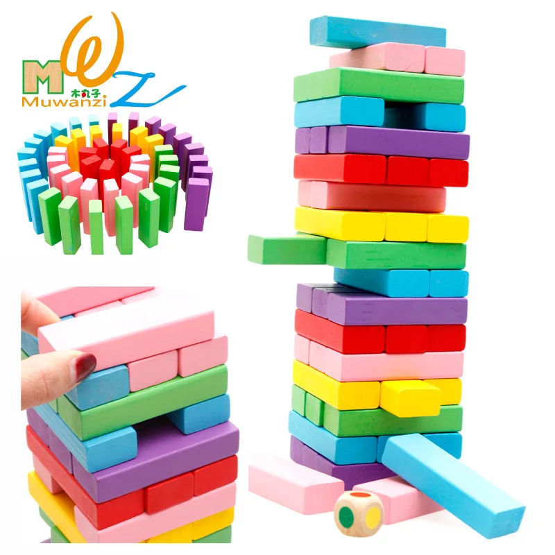 MWZ 48pcs Large Raninbow Children Wooden Tumbling Stacking Tower Block