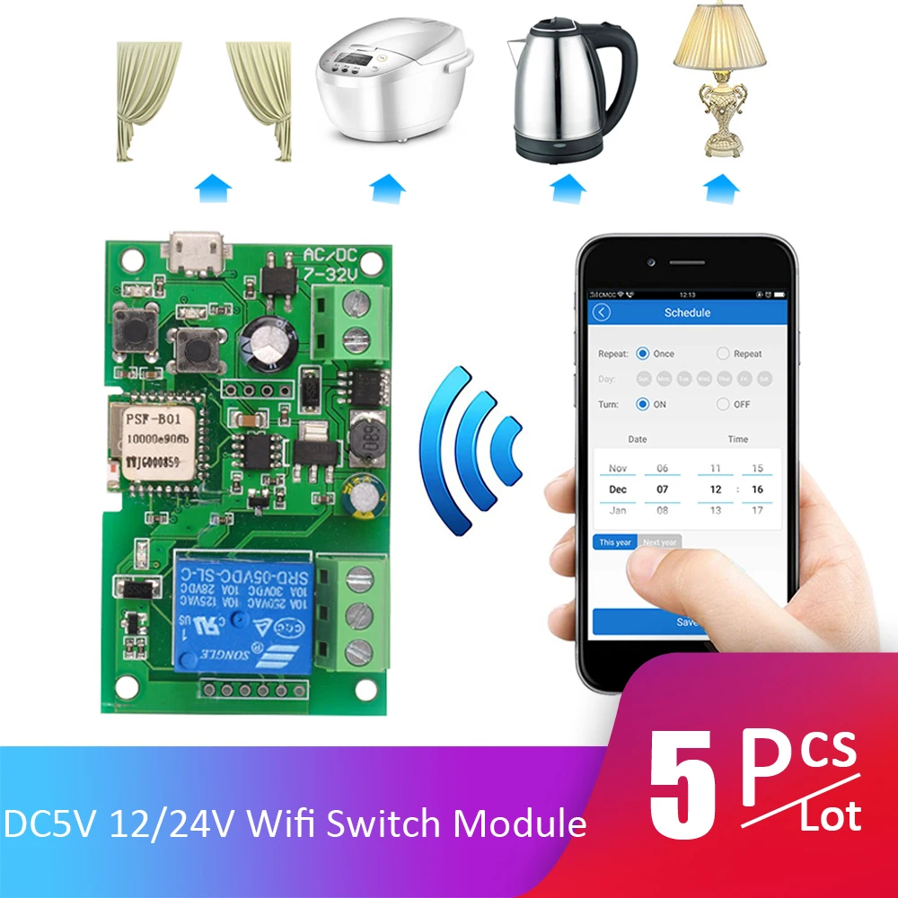 

5pcs/Lot DC5V 12V 24V 32V Wifi Switch Wireless Relay Module Smart Home Automation Modules APP Remote Control Timer Switch