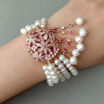 

5 Rows Cultured White Pearl Bracelet Cz Pave Connector 8"