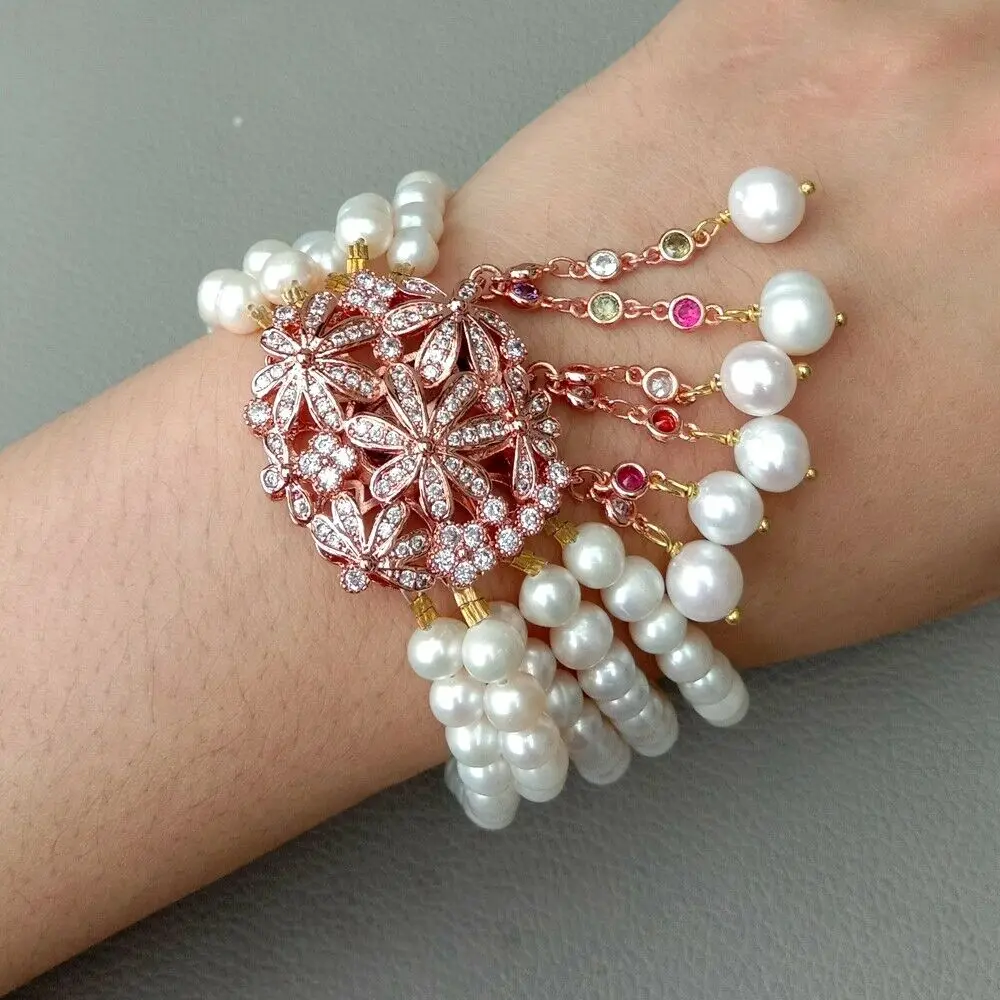 

5 Rows Cultured White Pearl Bracelet Cz Pave Connector 8