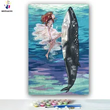 DIY цветные картинки по номерам с цветами Девушка и дельфины океан Картина Рисунок Живопись по номерам Обрамленный дом