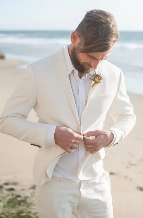 Summer Beige Linen Beach Wedding Suit Groom Tuxedo Prom Dinner Suit