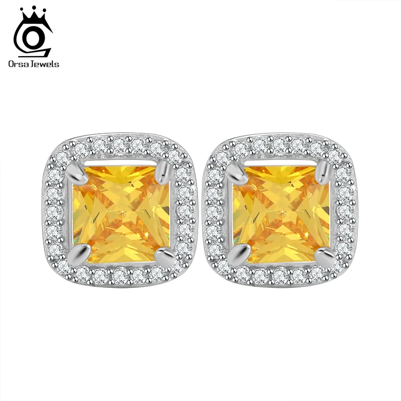 

ORSA JEWELS Princess Cut Yellow Zircon Earring Stud with AAA Grade Micro Paved CZ Luxury Earring for Women OE123