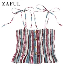 ZAFUL Striped Tie Shoulder Smocked Cami Top Women Lace Up Women Smock Thin Crop Top Frill Trim Shirred Bandage Female T-Shirt tie front cross wrap cami top