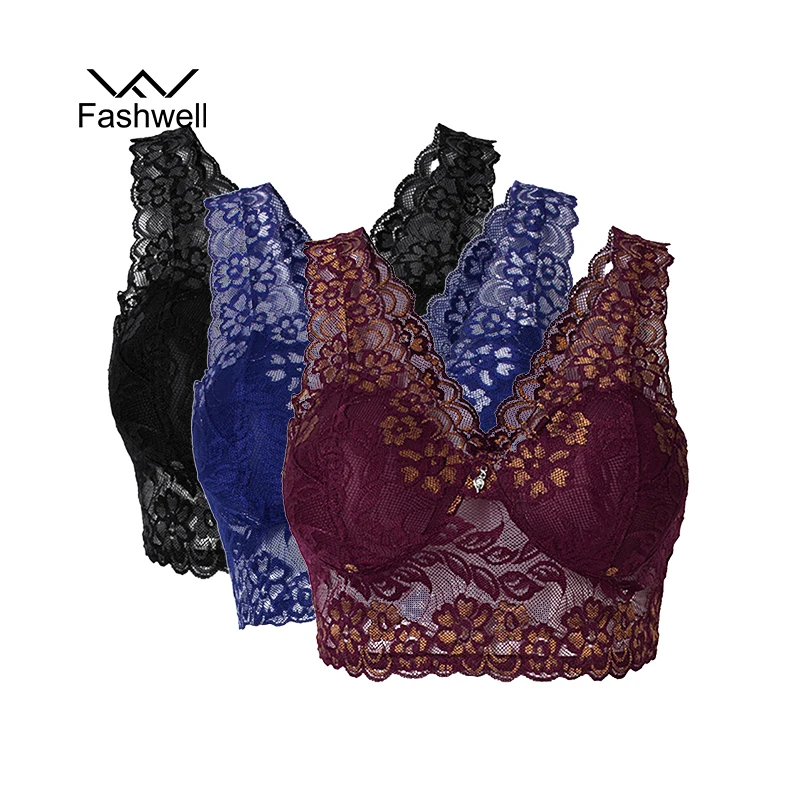 

Fashwell Women Lace Wire Free Bra Vest Bralette Plus Size Black Breathable Underwear Top 3 pieces/lot