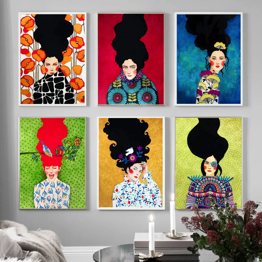 

Abstract Girl Hair Flower Bird Wall Art Canvas Painting Vintage Nordic Poster Prints Wall Pictures For Living Room Unframed