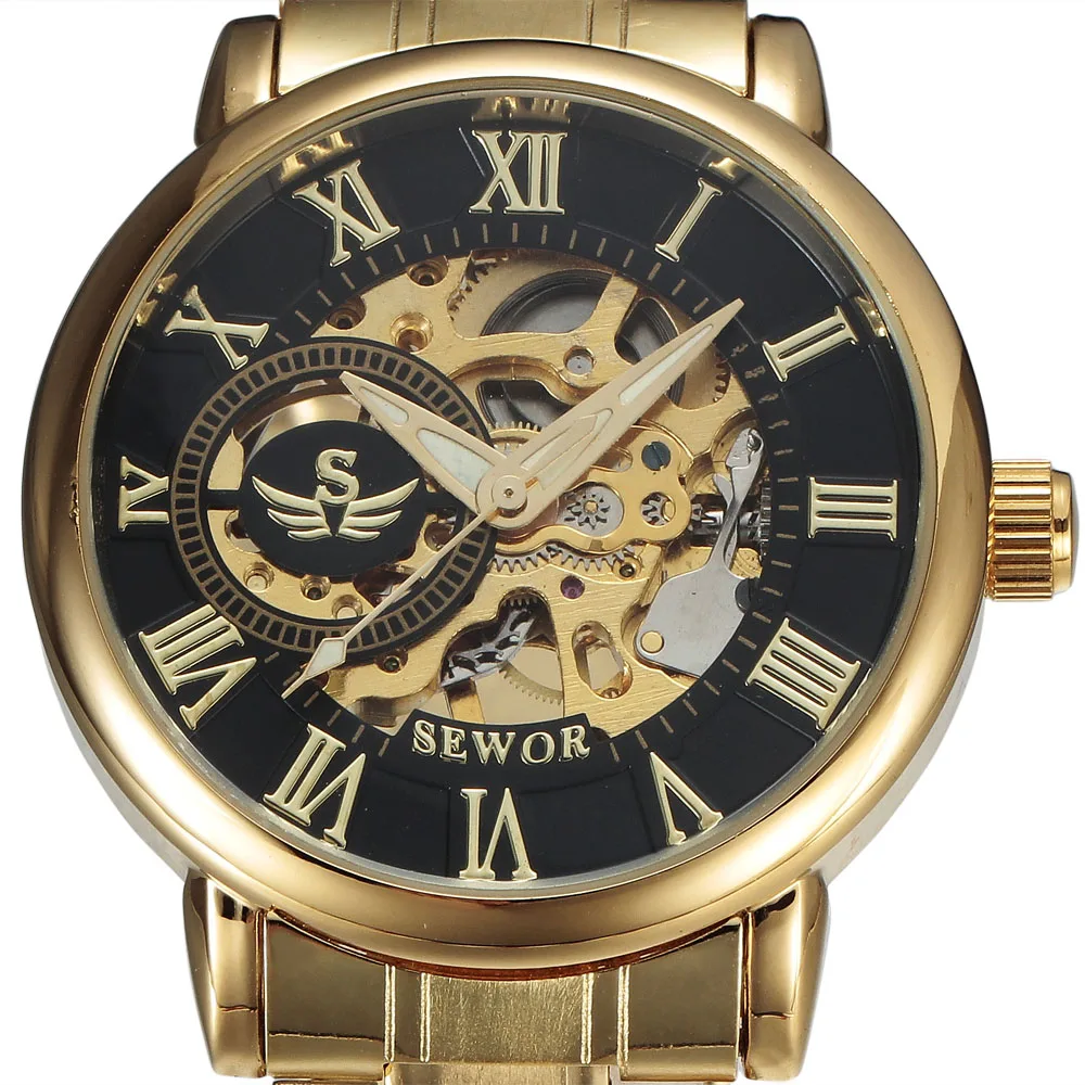SEWOR 3d Logo Řím Design Duté rytí Zlato Stříbrné pouzdro Ocel Skeleton Mechanické hodinky Muži Luxusní značky Heren Horloge