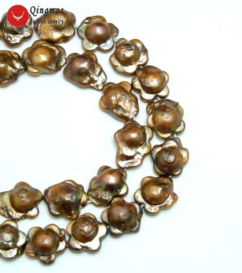 

Qingmos 15mm Brown Plum Blossom Natural Freshwater Pearl Beads for Jewelry Making Necklace Bracelet DIY 14'' Los788 Free Ship