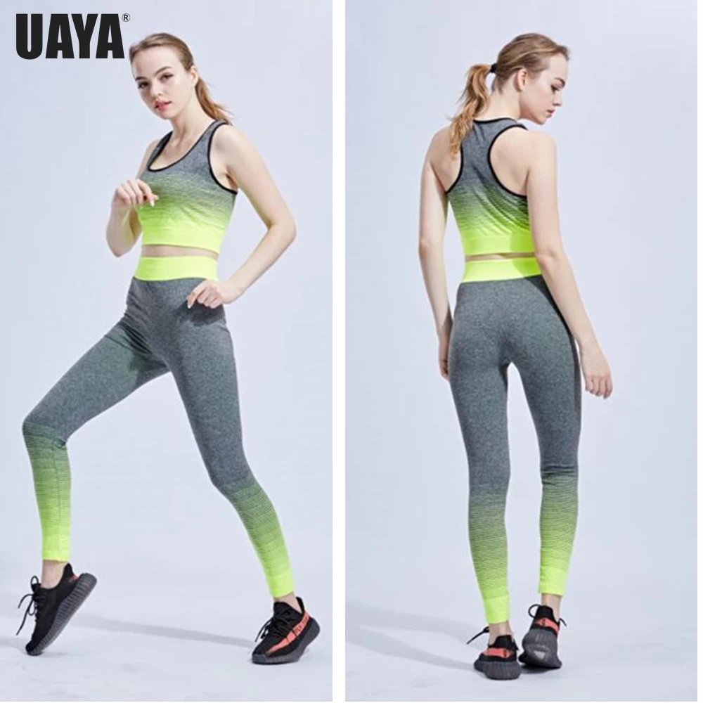 

UAYA Women Slim Yoga Sets Sleeveless Exercise Shirts Gym Clothes Spandex Running Tights Female Sports Leggings Fitness Yoga set