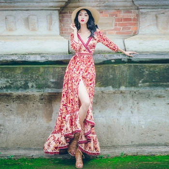 

YOSIMI 2019 Summer Maxi Print Red Long Dress Women Vintage Sashes V-Neck Half Sleeve Ankle-length Dresses Woman Party Night