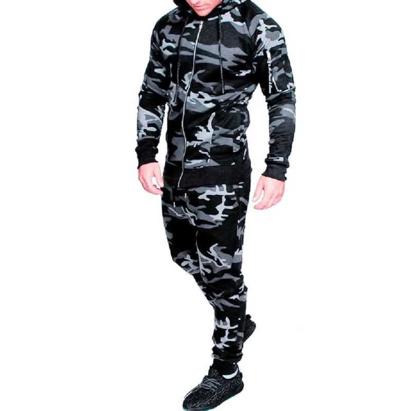 

Shujin Autumn Camouflage Men Suits Patchwork Men's Sportswear Hooded Tracksuit Two Pieces Set Drawstring tenue de sport homme