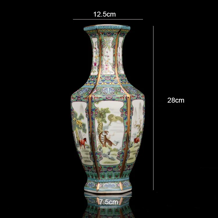 Эмалированная Керамическая Ваза картина в Qianlong год знак золотой Зодиак Шестигранная ваза антикварная фарфоровая коллекция