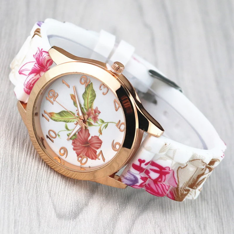 Woman Watches Girl Wrist Watch Silicone Band Flower Printed Business