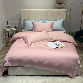 

80S Egyptian Cotton Elegant embroidery edge Bedding Set Soft bedclothes Queen King size 4Pcs Duvet cover Bed sheet set Pillowcas