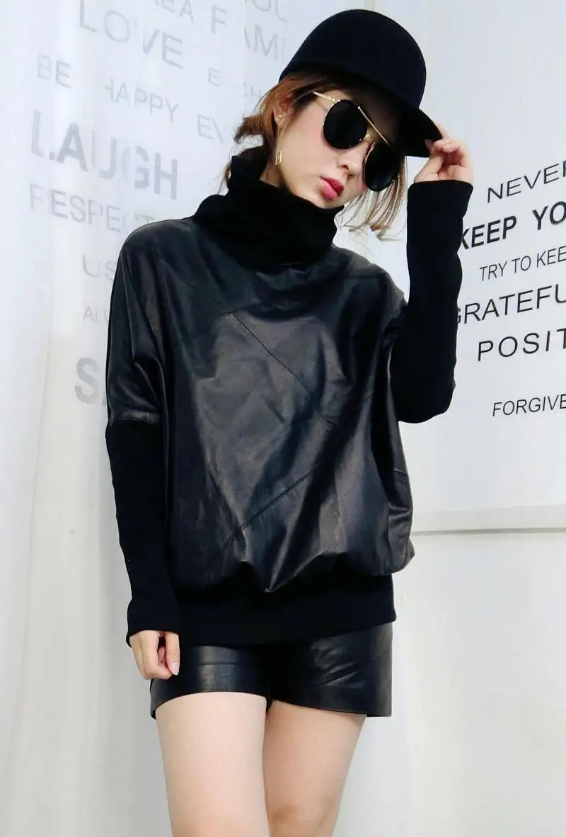 Европейские осенние и зимние новые кожаные стеганые куртки для женщин из овчины модные свободные большие размеры корейское пальто с рукавами летучая мышь - Цвет: Черный