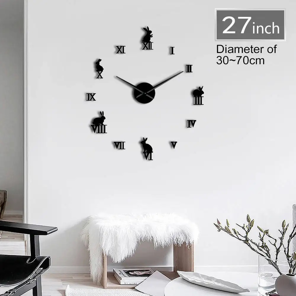 

1Piece Rabbit with Roman Numerals DIY Large Wall Clock Kids Room Decor Frameless Giant Wall Watch 3D Mirror Effect Wall Sticker