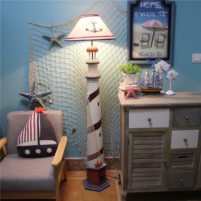 Средиземноморский деревянный маяк, стоячие напольные лампы, лампа, вертикальная кафе, детская комната, напольные светильники, декоративное освещение - Цвет абажура: B