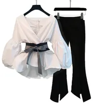 Новая полосатая блузка и широкие брюки, комплект с поясом, модные блузки с пышными рукавами+ расклешенные брюки, 2 шт., женские костюмы, милые элегантные