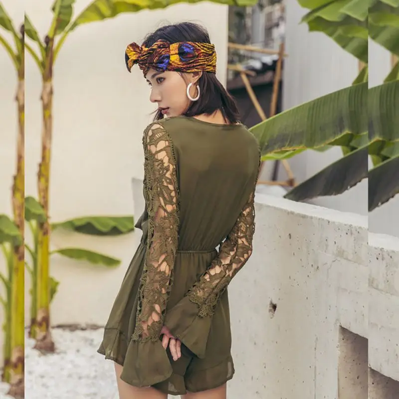 Sexy Lace Patchwork Jumpsuits Linen Hollow Out Long Sleeve Playsuits Loose Women Deep V Lace Up Bodysuits Short Jumpsuits