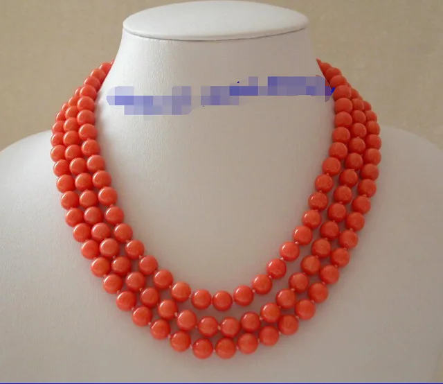 

Lovely Fine stunning 3rows 8mm round pink natural coral beads necklace Nobility Woman's jewelry Girl gift