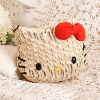 

Hot Straw Beach Bag Women Cute Handbags Kitty Cartoon Character Wicker Basket High Quality Girls Messenger Bag of 2019