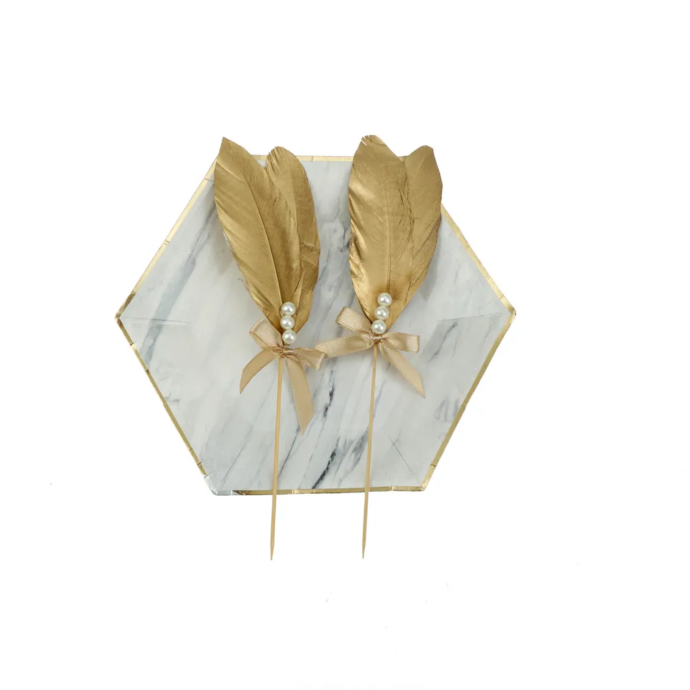 1PCS Gold Feather Pearl Bowknot Cake Topper Card Birthday Party Decoration Dessert Lovely Gifts Cake Decorating Supplies 25cm