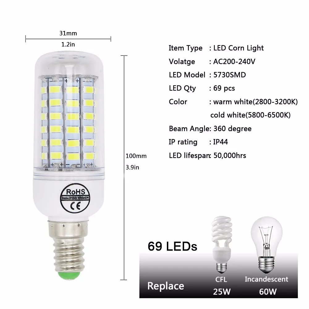 1 шт. 5730 SMD 24 36 48 56 69 72 светодиодный s E14 Светодиодный светильник CFL 10 Вт-30 Вт AC220V 230 В Светодиодный прожектор для внутреннего освещения с CE ROHS