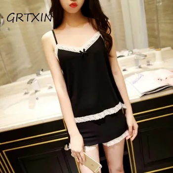 

Women Pajamas Sexy Lace Silk Pyjamas Set Lingerie Clothes For Women Black Straps Pijama Ladies Bathrobe Sleepwear Pajama Suit