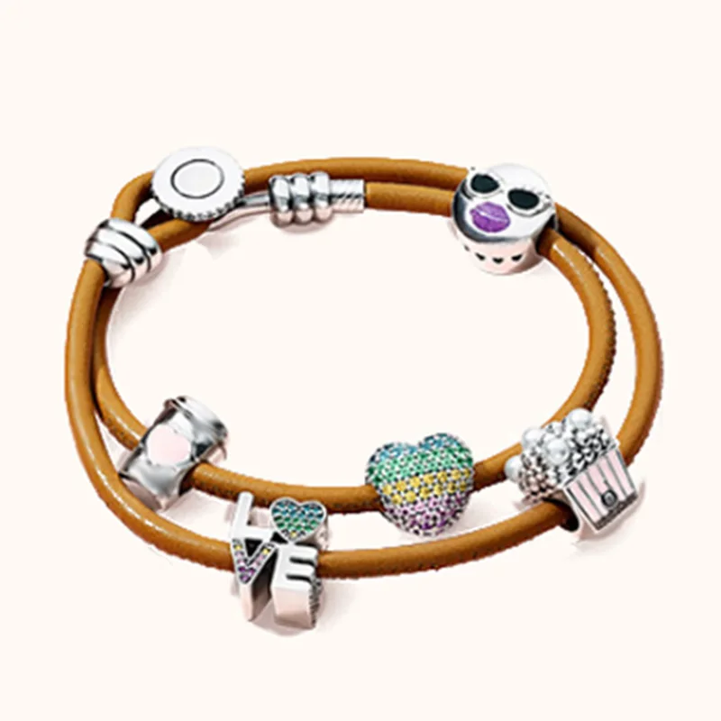 

100% 925 Sterling Silver Vibrant Hand Chain Set Moments Golden Tan Double Leather Bracelet Fashion With Button Clasp