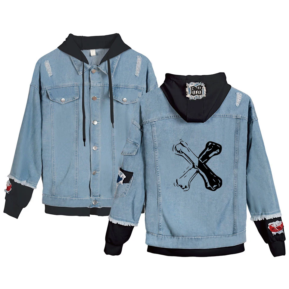 

Cameron Boyce Fake Two Piece Denim Jacket Women Long Sleeve Pockets Hooded Jackets 2019 Hot Sale Casual Streetwear Clothes