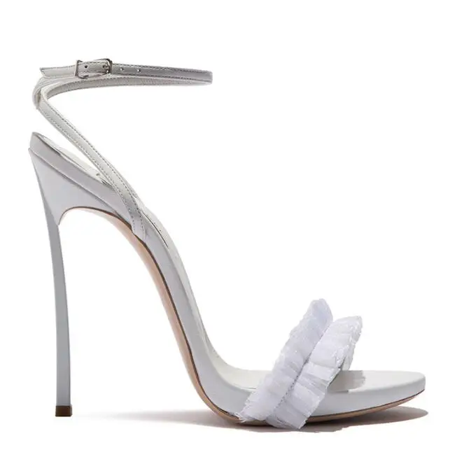 

Carpaton Summer Newest White Ruffles Decorations High Heel Sandals Sexy Ankle Strap Thin Heels Shoes Woman Rome Style Sandal