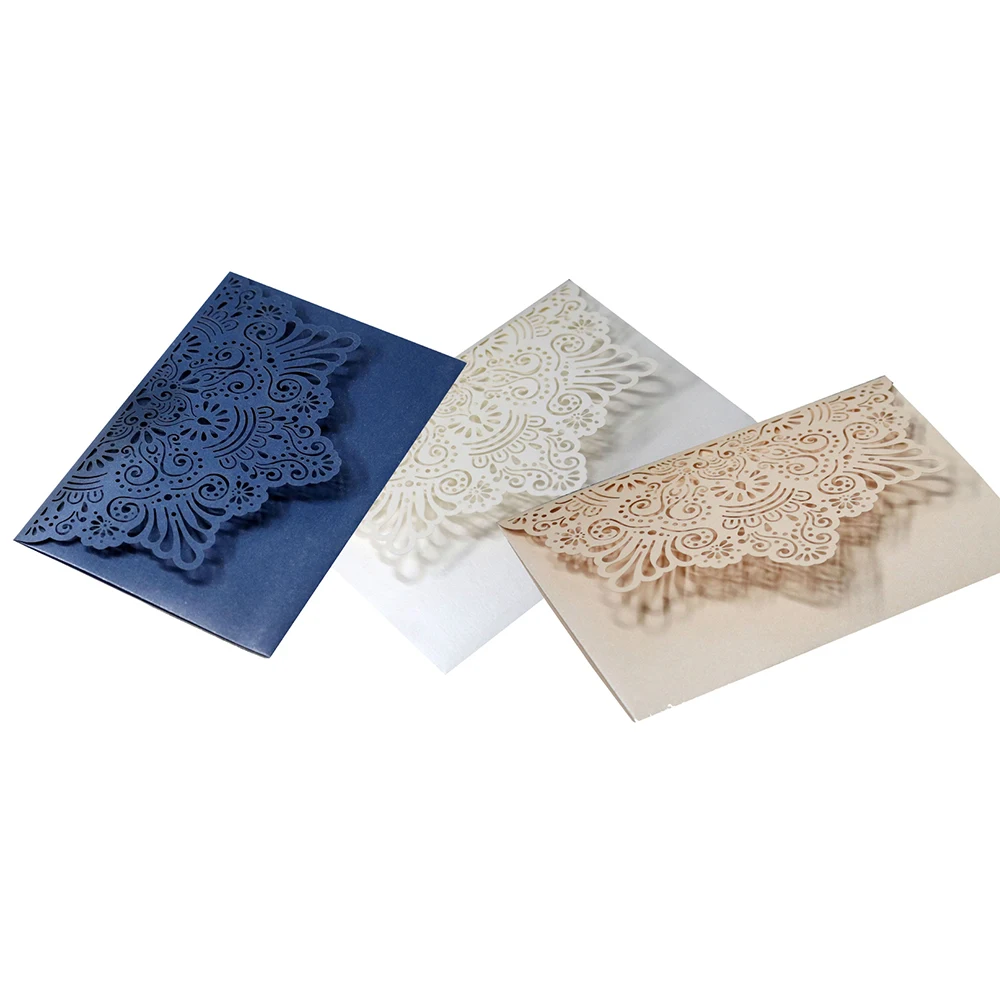 10Pcs 화이트 샴페인 블루 레이저 컷 고귀한 식물 결혼식 초대장 카드 우아한 레이스 호의 봉투 결혼식 파티 장식