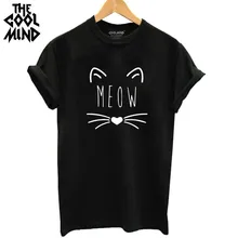 THE COOLMIND 2017 100 Cotton Meow Print Women T shirt Cat T Shirt Casual Funny Shirt