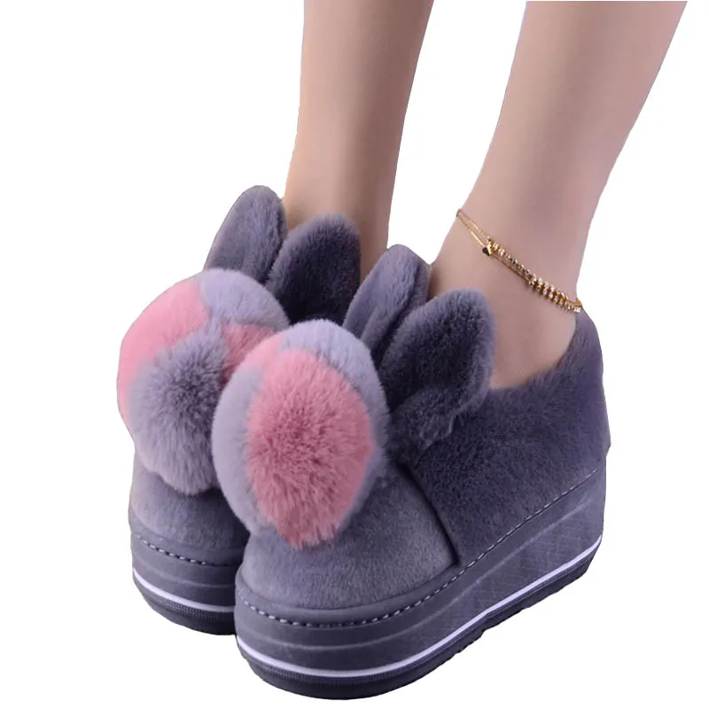 

Winter High-heeled Thick-soled Cotton Slippers Women's Indoor Home Anti-skid Hair Ball Warm Women's Shoes Plush Warm Month Shoes