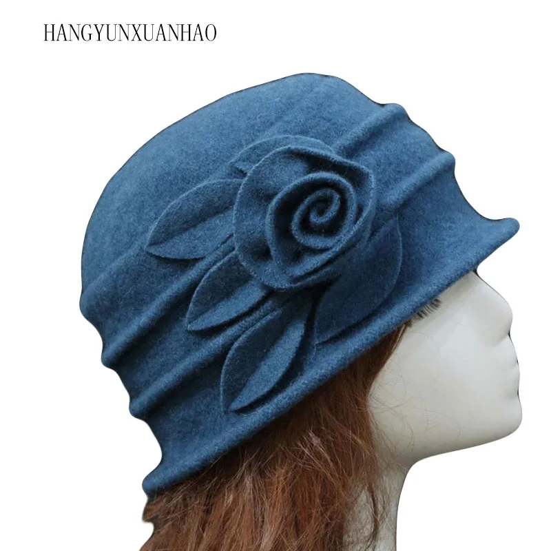 

Women Dome Fedora 100% Wool Hat Elegant Mom Hats For Autumn Winter Solid Floral Warm Wool Floppy Hat 6 Colors Wholesale