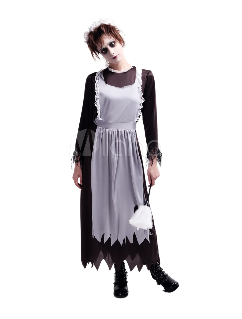 

Women Halloween Zombie Costume Medieval Maid Adults Festival Cosplay 3 pieces set with mini broom