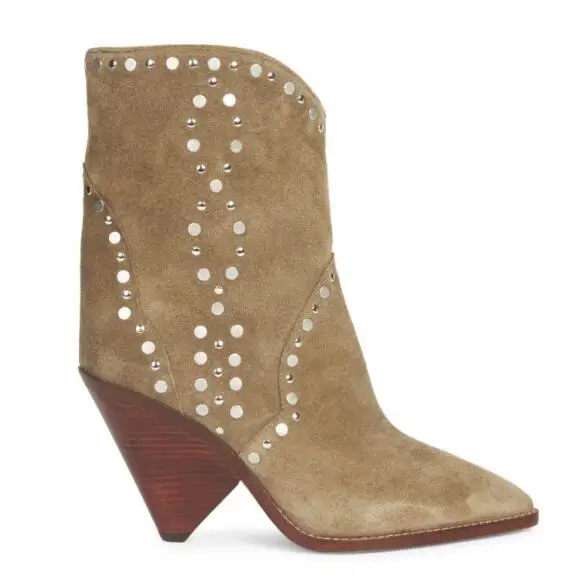 

Brown Suede Slip On Women Ankle Boots Spikes Heel Bling Bling Studs Large Size 35-42 Shoes Woman 2019 Spring Sapatos