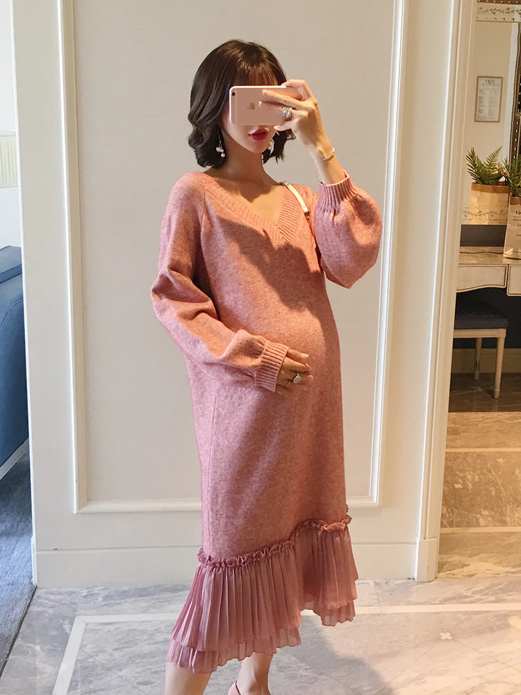 Details about / Autumn Winter Knitted Maternity Sweater Dress Elegant Maxi For Pregnant Women