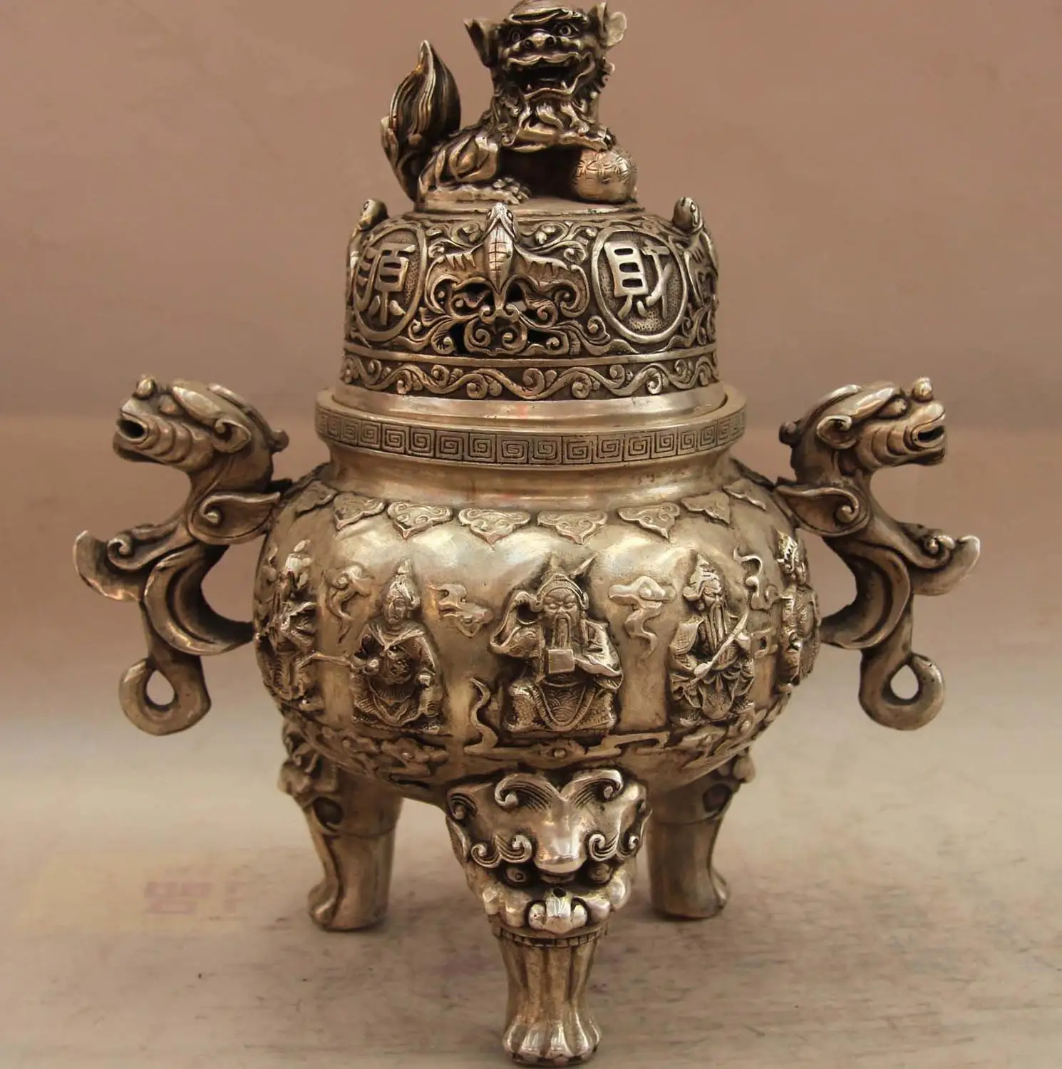 

China White Copper Silver Foo Dog Lion Dragon Bat Buddha Incense Burner Censer