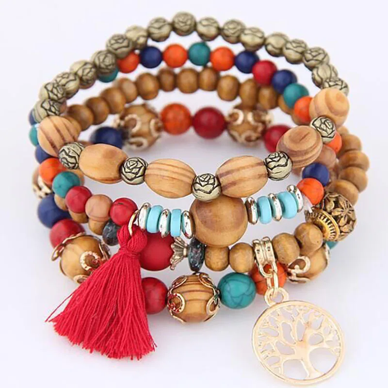 DIEZI, богемные браслеты с кристаллами и бусинами для женщин, женский браслет с кисточкой из натурального камня, браслет с подвесками, подарок, pulseira feminina - Окраска металла: RED