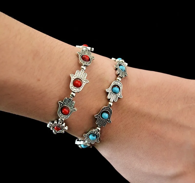 1PC Hand-Shaped Section Bohemian Fatima Palm Leaf Green Turquoise Beaded Anklets of Fatima
