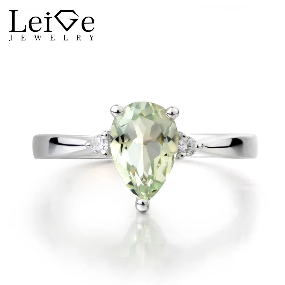 Leige Jewelry Promise Ring Natural Green Amethyst Ring Pear Cut Green Gemstone 925 Sterling