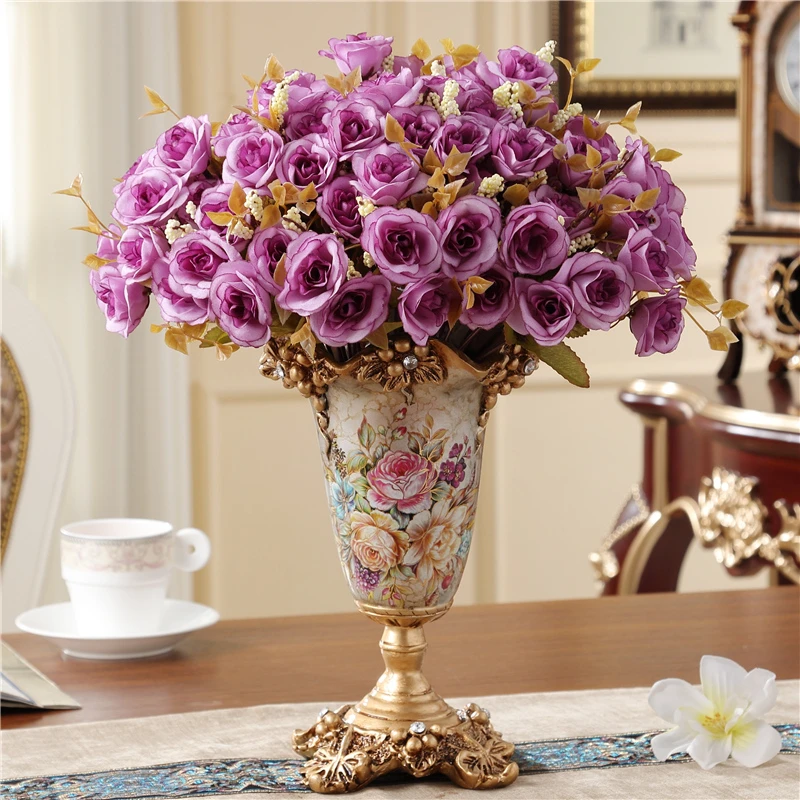 38×22cm ZR-DECOR European-Style Retro Resin Large Flower Vases for Living Dining Room Table Centerpiece Bedroom Office Hotel Home Decoration Hand-Painted Tall Decorative Vase 